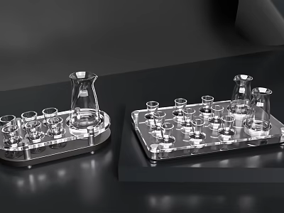 Stylish Glass Wine Bottles and Stemmed Glasses Arranged on Modern Tray for Elegant 3d model
