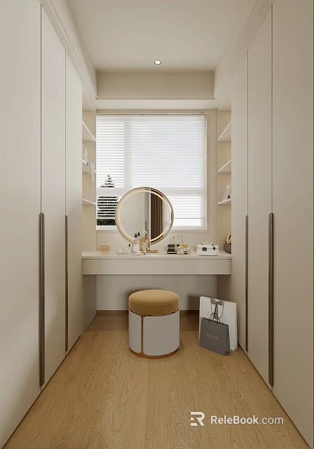 Minimalist Walk In Closet With Dressing Table Round Mirror Stool And Window Blinds 3d model