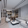Modern Living And Dining Room Interior With Sofa Coffee Table Dining Table And Open Kitchen
