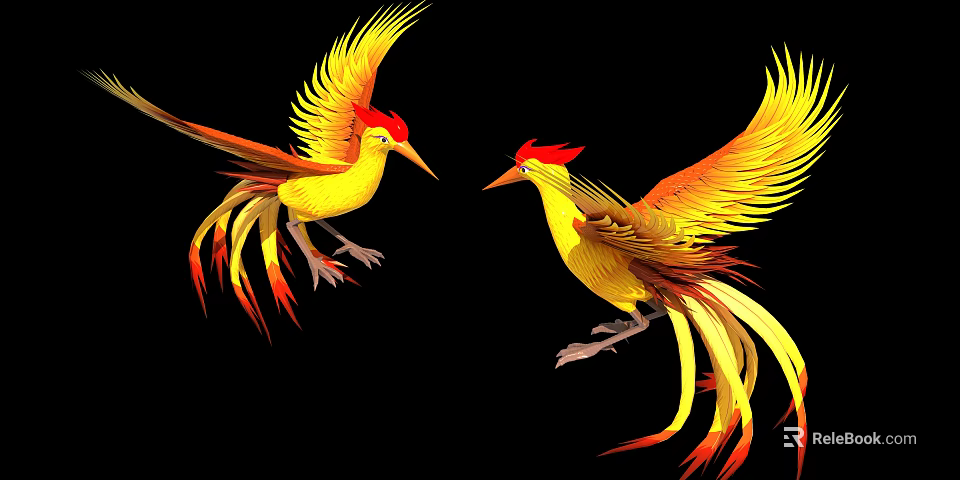 Colorful Phoenix Flying Birds With Bright Yellow Red Feathers Spreading Elegant Wings 3d model 
