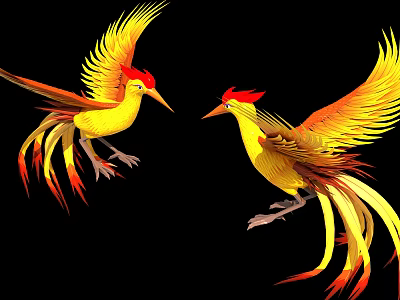 Colorful Phoenix Flying Birds With Bright Yellow Red Feathers Spreading Elegant Wings 3d model
