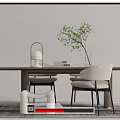 Modern Elegant Dining Table Set With Light-colored Chairs Wooden Top Green Plant And Vase