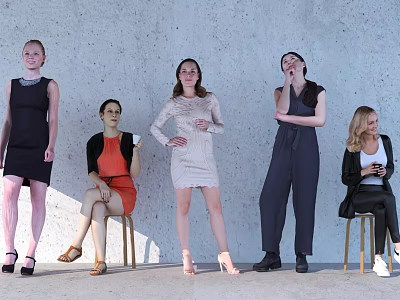 Group of Women Standing and Sitting Against Gray Wall in Casual Outfits Holding Cups 3d model