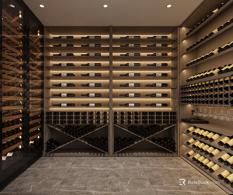 Elegant Wine Cellar Interior Design With Multi Layer Racks Illuminated Bottles And Marble Floor 3d model 