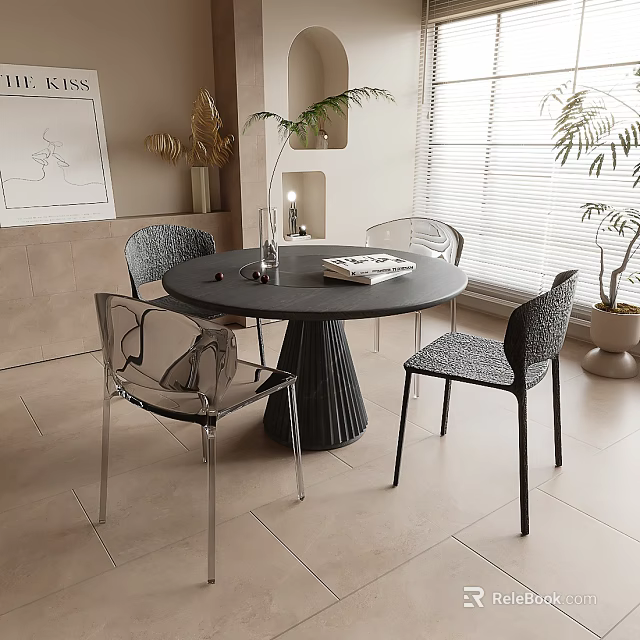 Modern Round Dining Table Set With Transparent And Black Chairs Plants And Window 3d model 