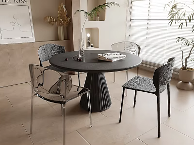 Modern Round Dining Table Set With Transparent And Black Chairs Plants And Window 3d model