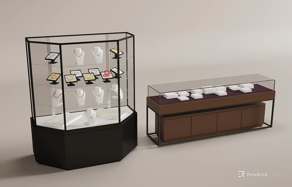 Modern Display Cabinets with Hexagonal Glass Design and Brown Counter Shelf for Jewelry Showcase 3d model 