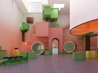 Colorful Indoor Playground With Green Pink Block Structures Circular Tunnels Orange Canopy Yellow Question Mark Boxes 3d model