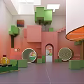 Colorful Indoor Playground With Green Pink Block Structures Circular Tunnels Orange Canopy Yellow Question Mark Boxes 3d model