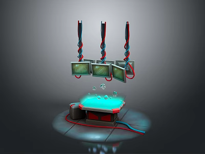 Futuristic Tech Device With Suspended Screens Green Displays And Illuminated Platform With Bubbles 3d model