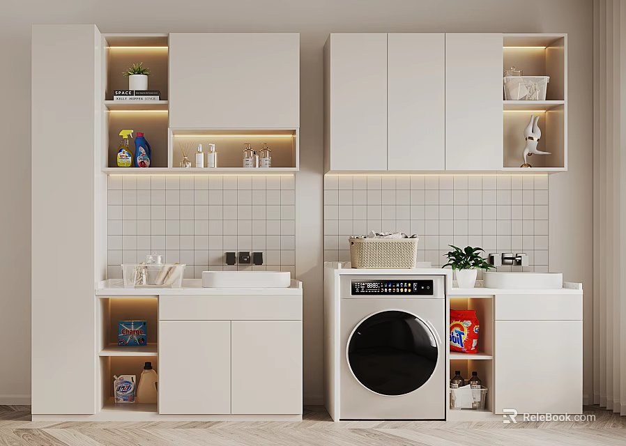 Modern White Bathroom Cabinet Rack with Open Storage Shelves Washing Machine and Plants 3d model 