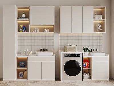 Modern White Bathroom Cabinet Rack with Open Storage Shelves Washing Machine and Plants 3d model