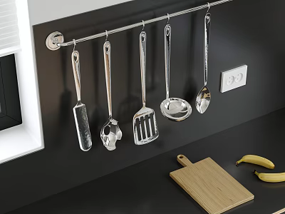 Hanging Stainless Steel Kitchen Utensils With Metal Rod And Wooden Cutting Board 3d model