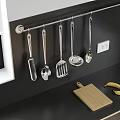 Hanging Stainless Steel Kitchen Utensils With Metal Rod And Wooden Cutting Board
