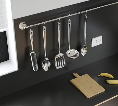Hanging Stainless Steel Kitchen Utensils With Metal Rod And Wooden Cutting Board 3d model