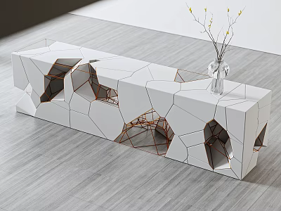 Modern White Console Table With Geometric Cutout Golden Lines And Vase With Yellow Flowers 3d model