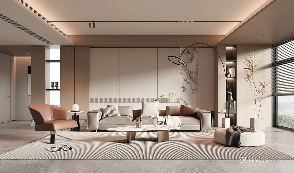 Elegant Modern Living Room Interior With Beige Sofa Coffee Table Floor Lamp And Indoor Plants 3d model 