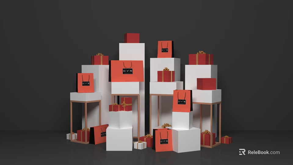 Elegant Red And White Stacked Boxes With Gift Bags Decorative Retail Display Setup 3d model