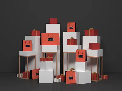 Elegant Red And White Stacked Boxes With Gift Bags Decorative Retail Display Setup 3d model