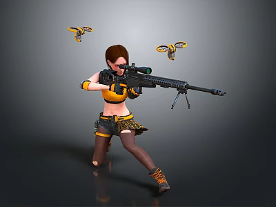 A Woman Kneeling With Sniper Rifle And Flying Yellow Black Drones 3d model