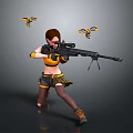 A Woman Kneeling With Sniper Rifle And Flying Yellow Black Drones