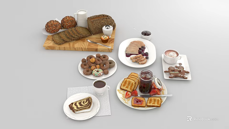 Assorted Breakfast Foods Including Fresh Bread Donuts Toast With Jam And Coffee 3d model 