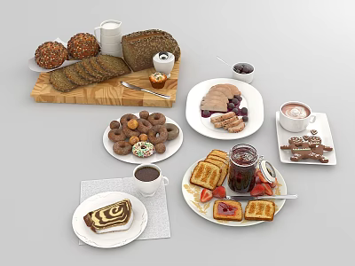 Assorted Breakfast Foods Including Fresh Bread Donuts Toast With Jam And Coffee 3d model
