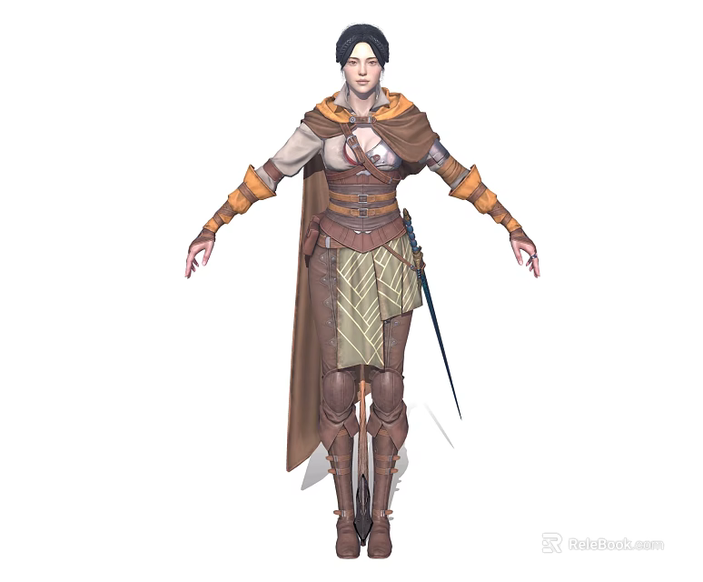 Female Game Movie Character With Short Hair Brown Cloak Leather Armor And Sword 3d model 