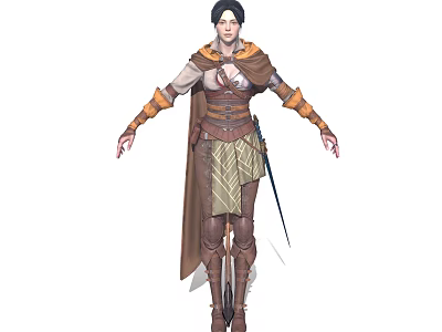 Female Game Movie Character With Short Hair Brown Cloak Leather Armor And Sword 3d model