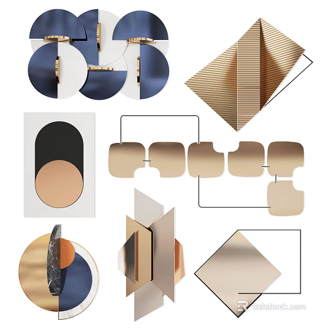 Modern Geometric Wall Decor With 3D Layered Metallic Gold Blue Beige Shapes 3d model 