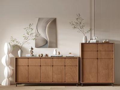 Modern Natural Wooden Entryway Cabinet And Sideboard With Decorative Plants And Artwork 3d model