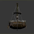 Vintage Wooden Boat Loaded With Multiple Stacked Wooden Barrels And Oar