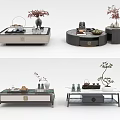 Various Modern Coffee Table Designs With Tea Sets Vases And Small Plants 3d model