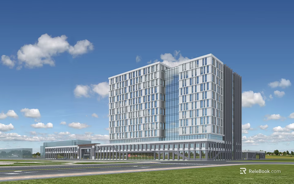 Modern High Rise Office Building With Glass Facade Green Lawn And Blue Sky 3d model 