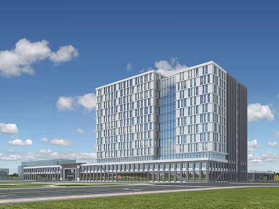 Modern High Rise Office Building With Glass Facade Green Lawn And Blue Sky 3d model