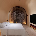 Cozy Hotel Guest Room Interior With Wooden Walls Arched Doorway Stone Wall Bathtub And Fireplace