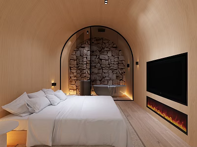 Cozy Hotel Guest Room Interior With Wooden Walls Arched Doorway Stone Wall Bathtub And Fireplace 3d model