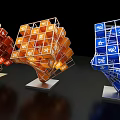 3D Colorful Art Installation With Red Orange Blue Rubik's Cube Chinese Characters And Metal Bases
