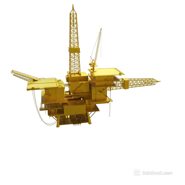 Golden Oil Drilling Platform Structure With Cranes And Industrial Equipment 3d model 