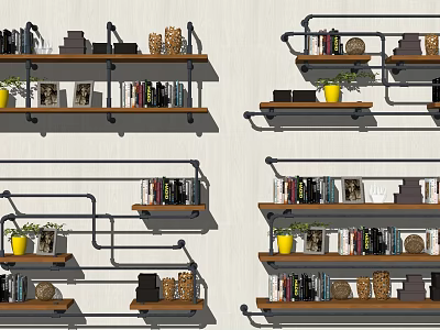 Industrial Style Wall Cabinets With Floating Shelves Books And Decorative Plants 3d model