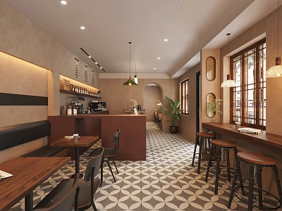 Modern Café Interior Design With Wooden Tables Chairs Geometric Floor Pendant Lights And Green Plants 3d model