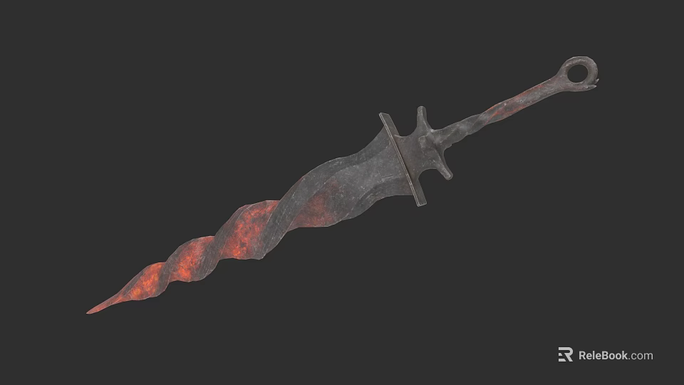 Ancient Sword with Twisted Blade Rusty Texture and Red Accents Medieval Weapon Design 3d model