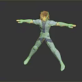 Dynamic Game Movie Character With Red Hair And Blue Silver Armor In Stretched Arms Pose