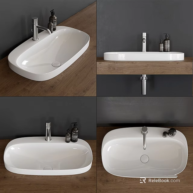 White Oval Bathroom Basin With Modern Faucet On Wooden Countertop And Accessories 3d model 