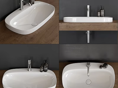 White Oval Bathroom Basin With Modern Faucet On Wooden Countertop And Accessories 3d model