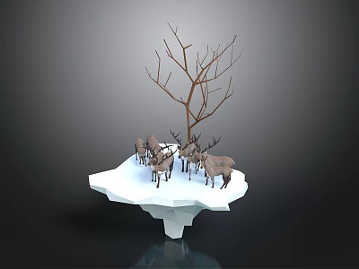 Floating Ice Platform With Leafless Tree And Group Of Reindeer On Dark Background 3d model