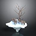 Floating Ice Platform With Leafless Tree And Group Of Reindeer On Dark Background