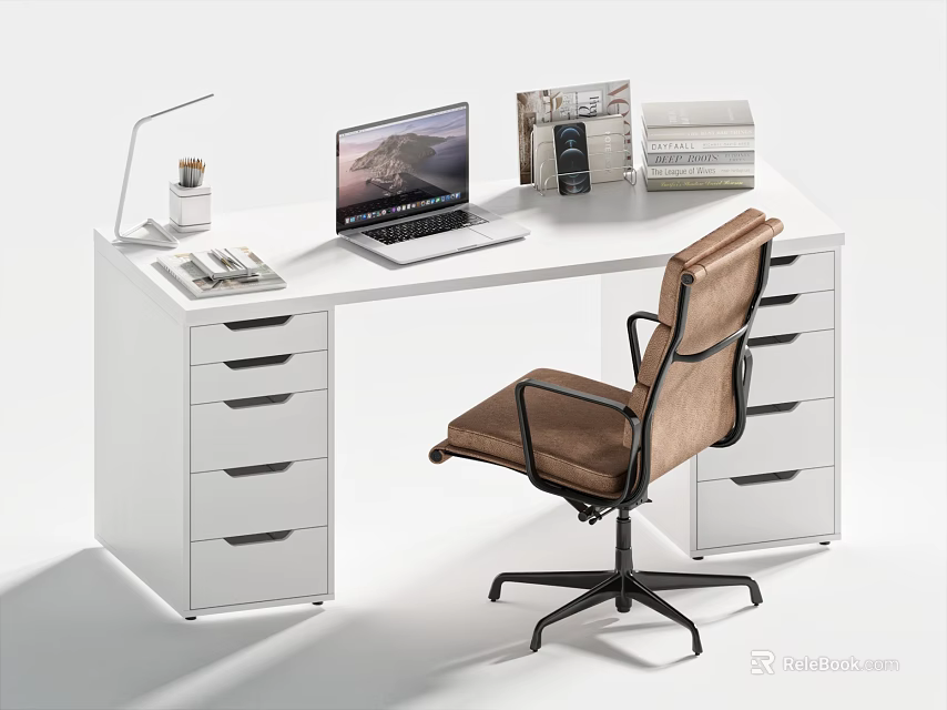 White Office Desk with Laptop Desk Lamp Books Magazines Brown Chair and Drawers 3d model 