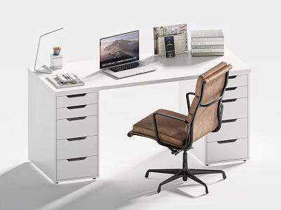 White Office Desk with Laptop Desk Lamp Books Magazines Brown Chair and Drawers 3d model