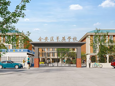 Modern Main School Entrance Gate With Campus Buildings Trees And Pedestrians 3d model